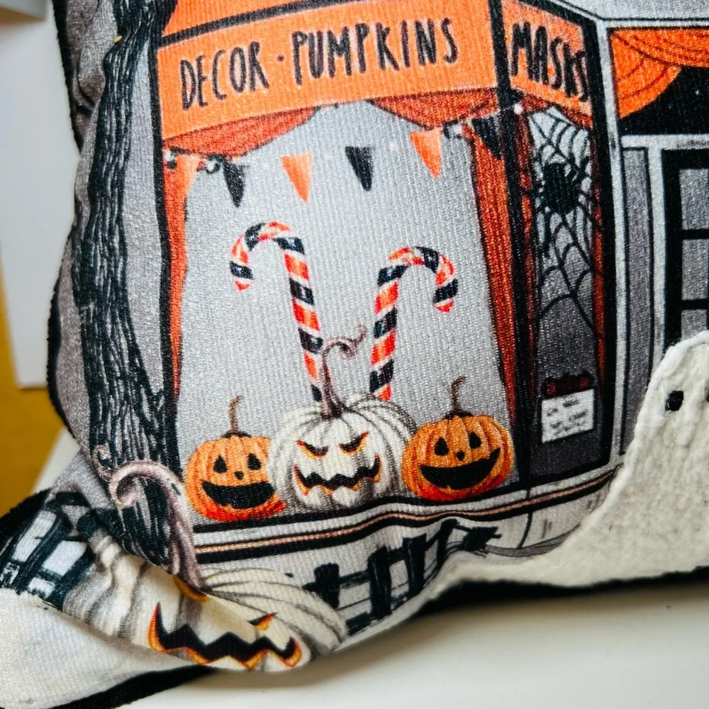 Halloween Sweet Shop Textured Throw Pillow Ghosts Candy Cake Pumpkins Party